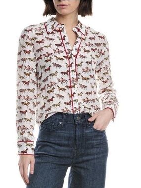 Alice + Olivia White Silk Horse-Print Button Down with Red Piping